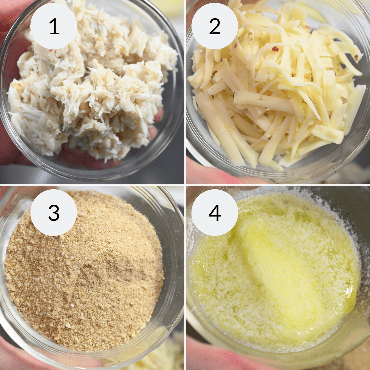 Four-step cooking process showcasing different ingredients: shredded crabmeat, grated cheese, breadcrumbs, and melted butter.