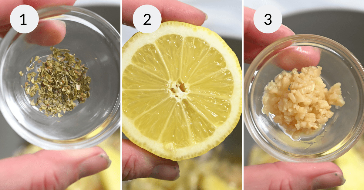 Step-by-step demonstration of ingredients for Crabmeat Stuffing: 1) dried herbs in a bowl, 2) a sliced lemon held by fingers, 3) minced garlic in a bowl