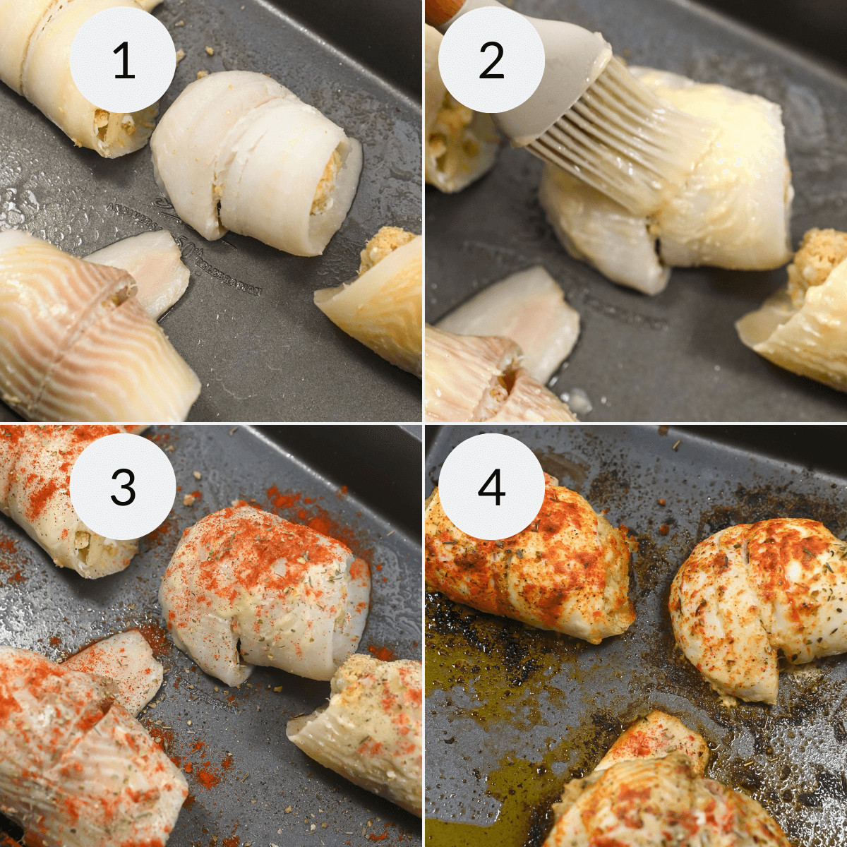 Step-by-step preparation of seasoned fish fillets with crabmeat stuffing on a baking tray.