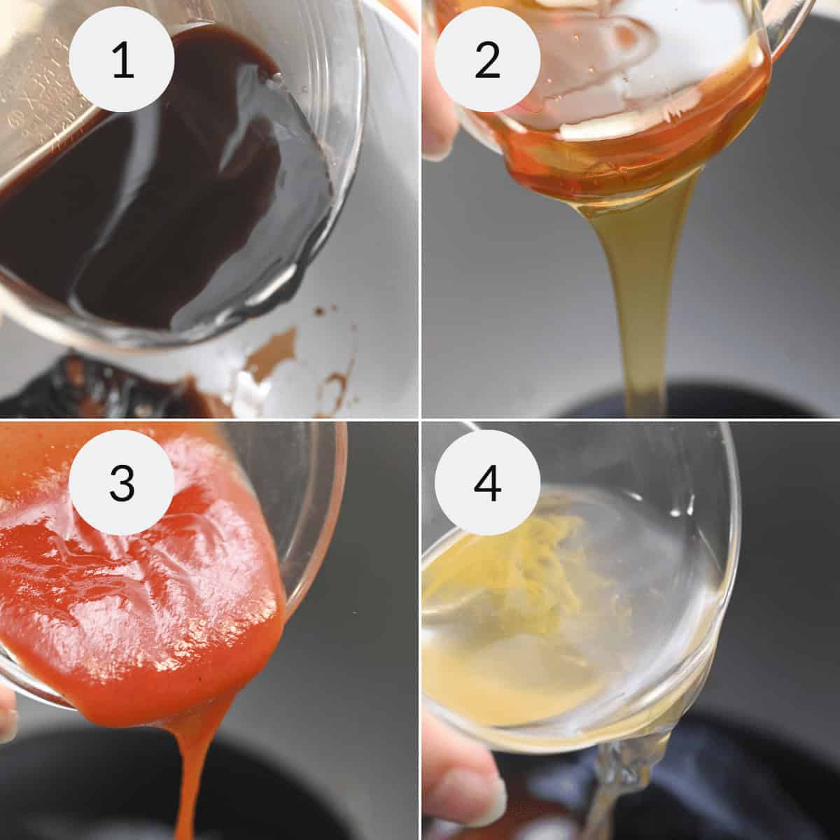 Four-panel image showing various liquids being poured. Panel 1: Dark liquid. Panel 2: Golden liquid, reminiscent of honey for Slow Cooker Honey Garlic Chicken. Panel 3: Red sauce. Panel 4: Clear liquid.