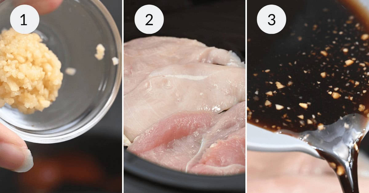 Three-step cooking process: 1. Minced garlic in a small bowl. 2. Raw chicken breasts in a slow cooker. 3. Honey garlic sauce being poured over the chicken.