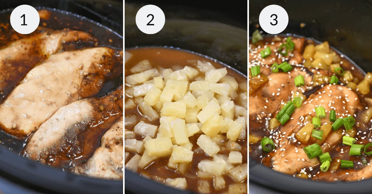 Three-step cooking process: Step 1 shows partially cooked Slow Cooker Honey Garlic Chicken. Step 2 has added pineapple tidbits. Step 3 displays fully cooked chicken garnished with green onions and sesame seeds.