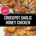 Close-up of Slow Cooker Honey Garlic Chicken topped with pineapple chunks, sesame seeds, and chopped green onions, with a label indicating the recipe is easy.