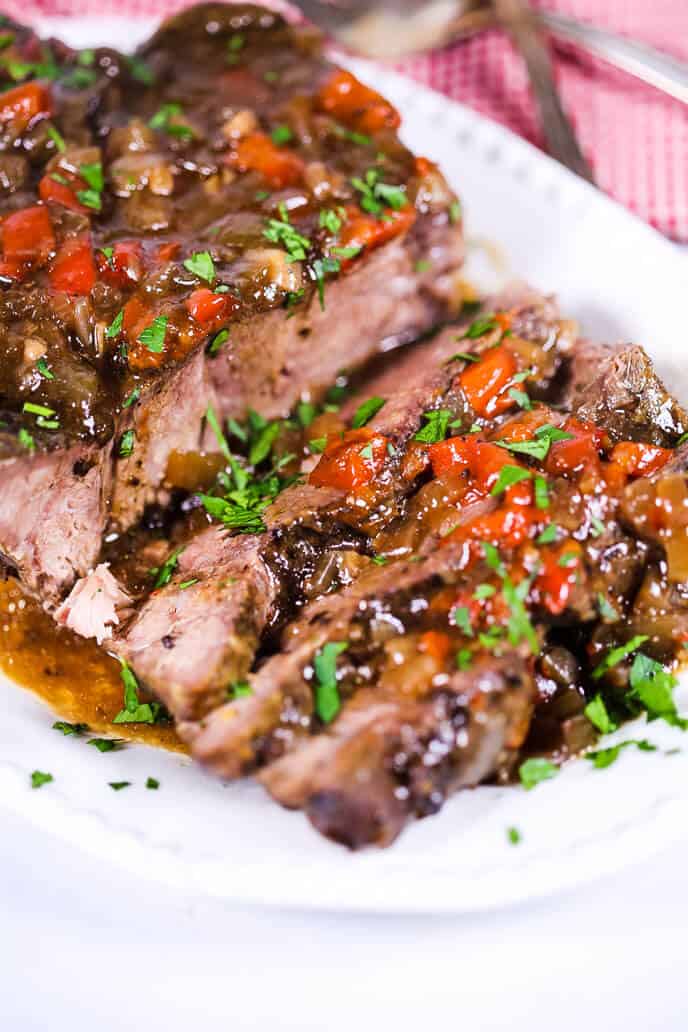 Slow cooker italian beef on a white plate