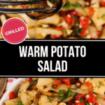 A bowl of warm potato salad garnished with herbs and red peppers, with a close-up of a fork holding a piece of potato above. The text reads "GRILLED WARM POTATO SALAD: A Heartwarming Classic.