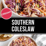 A bowl of creamy Southern coleslaw with shredded purple and green cabbage, carrots, and green onions. A serving utensil is in the bowl. The label reads "Creamy Southern Coleslaw." Perfect for any Southern coleslaw recipe.