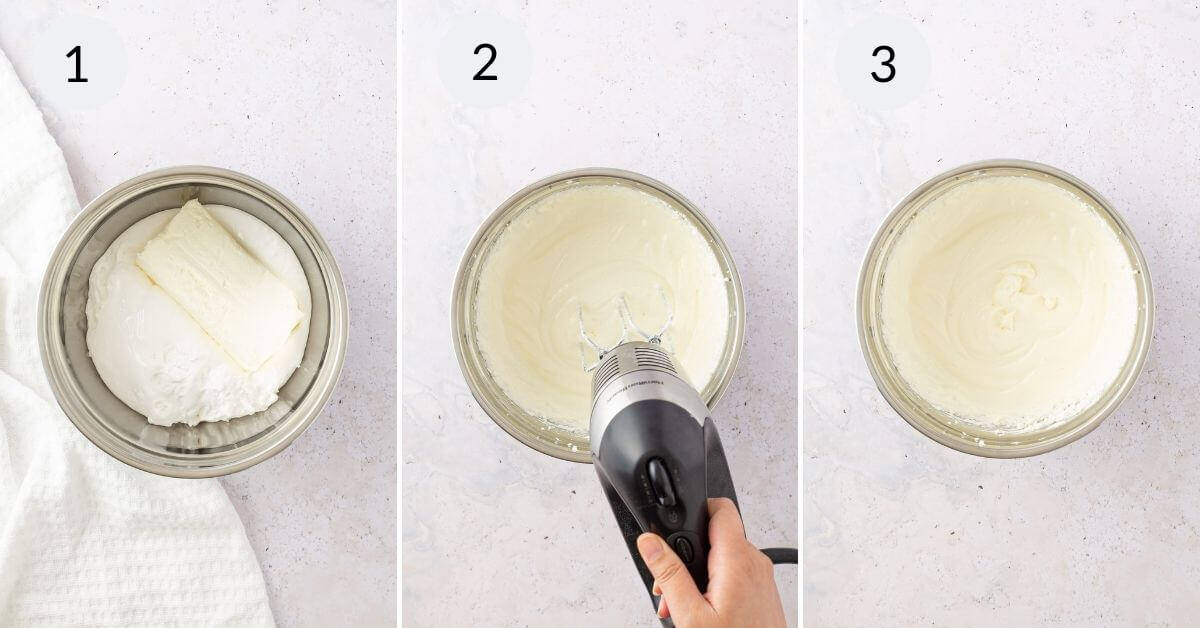 Three-step sequence showing the process of creaming butter in a mixing bowl, from solid block to a smooth, marshmallow fluff texture.