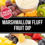 A person dipping a kiwi slice into Marshmallow Fluff Fruit Dip surrounded by an assortment of colorful berries and citrus fruits.