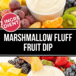 A person dipping a kiwi slice into Marshmallow Fluff Fruit Dip surrounded by an assortment of colorful berries and citrus fruits.