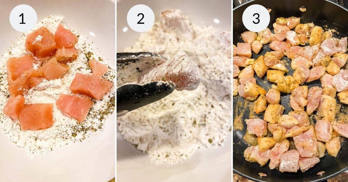 Simple three-step cooking for dinner 1) Coat raw chicken cubes with spices and flour. 2) Use tongs to handle the coated cubes. 3) Sauté the pieces in a pan until golden brown.
