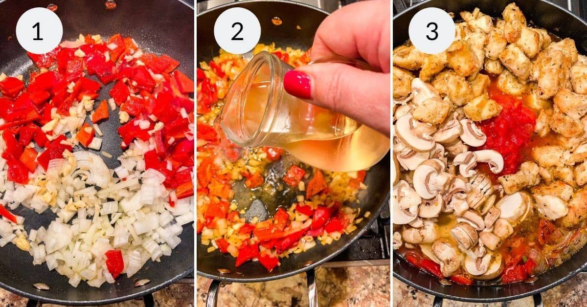 Three images illustrate the easy chicken cacciatore process: sautéing onions and red peppers, adding liquid, followed by chicken and mushrooms in the pan.
