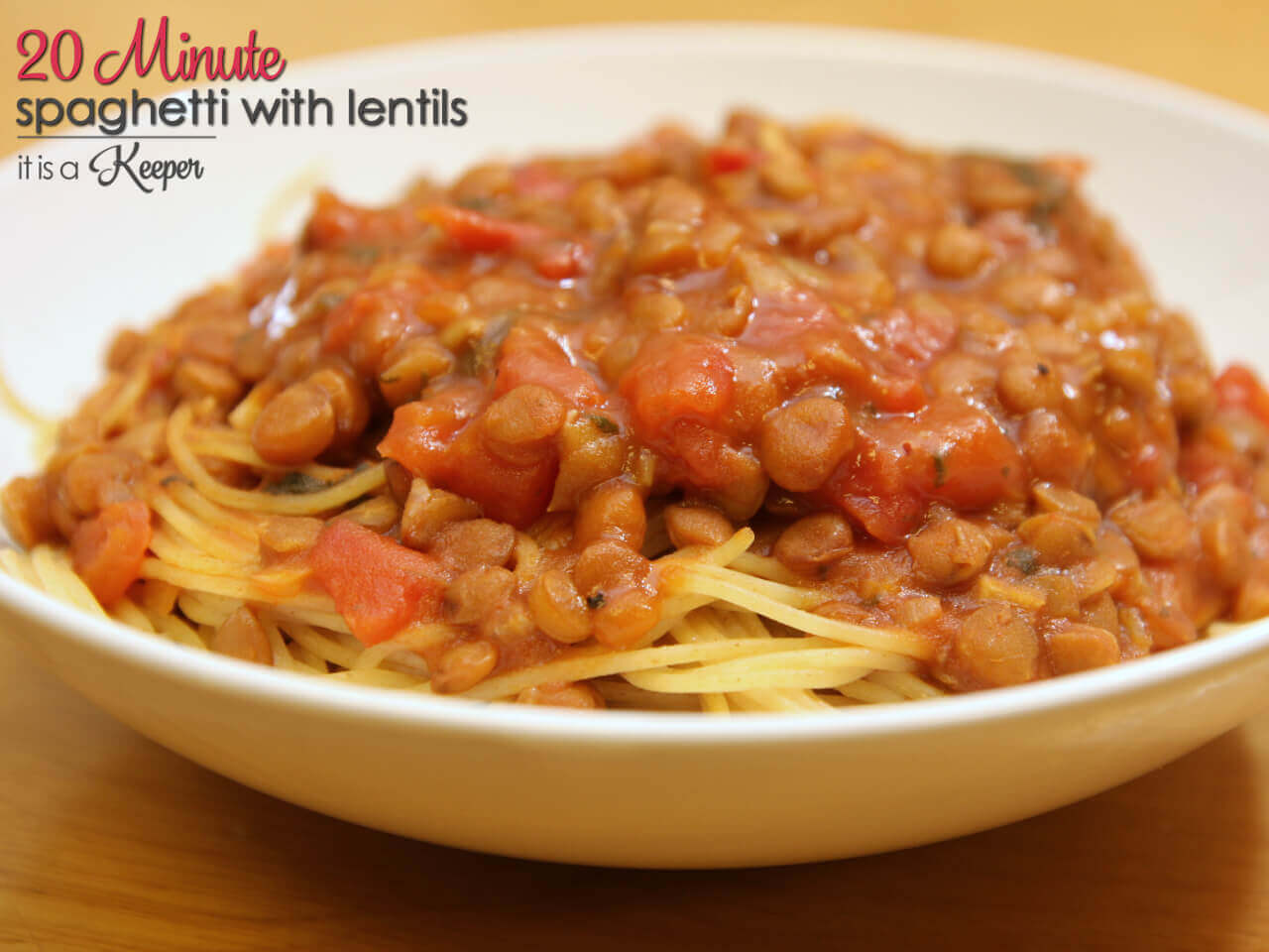 Spaghetti with Lentils - this easy recipe is ready in 20 minutes. In a white browl.