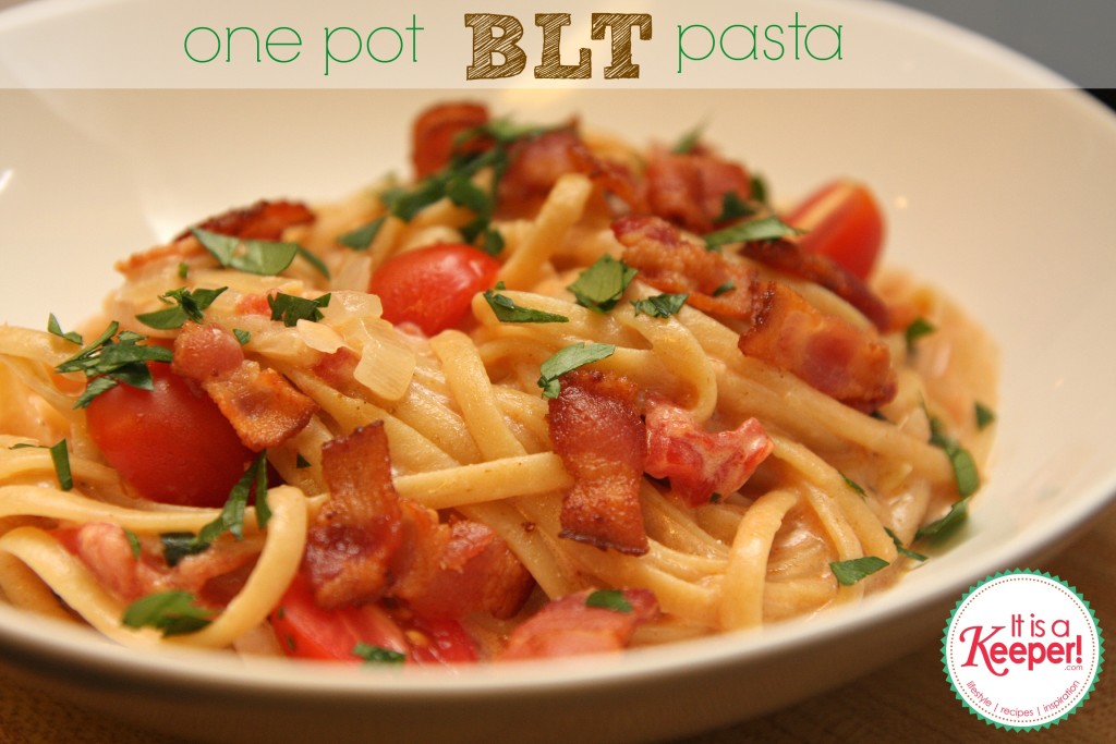 One-Pot BLT Pasta, in a white bowl. 