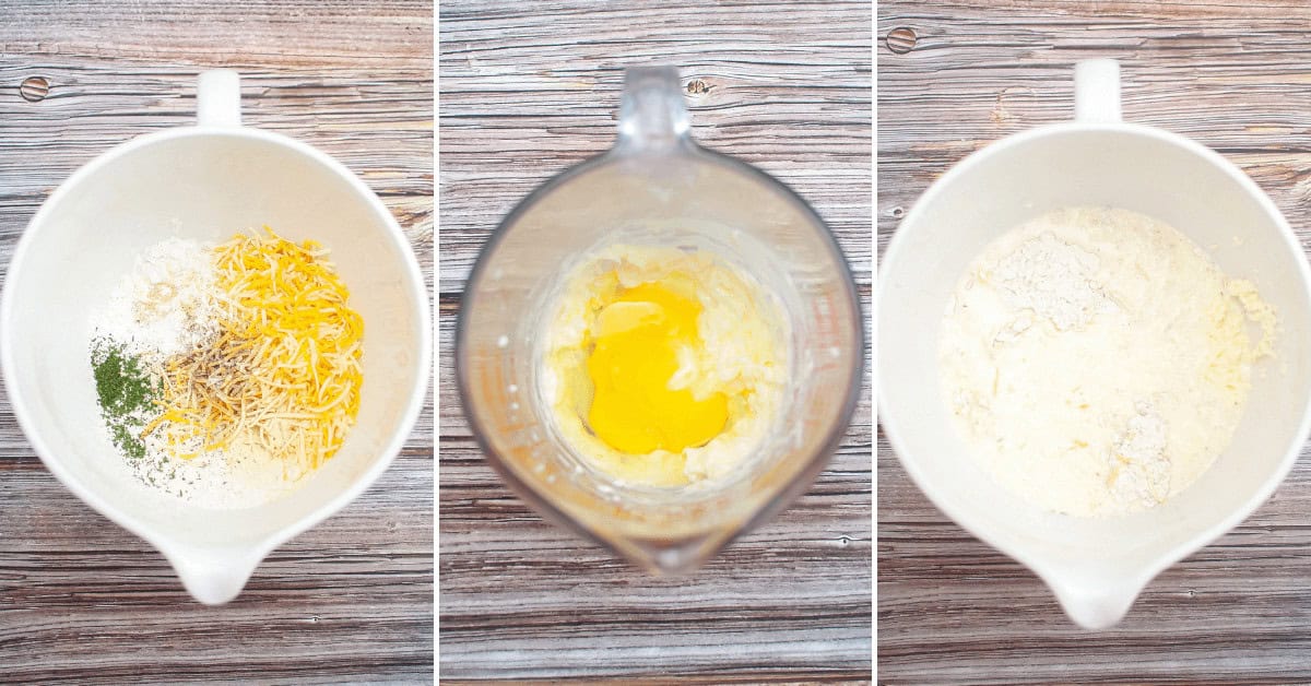 Four pictures of ingredients in a Chicken Cobbler bowl.