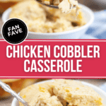 Chicken cobbler in a bowl with a spoon.