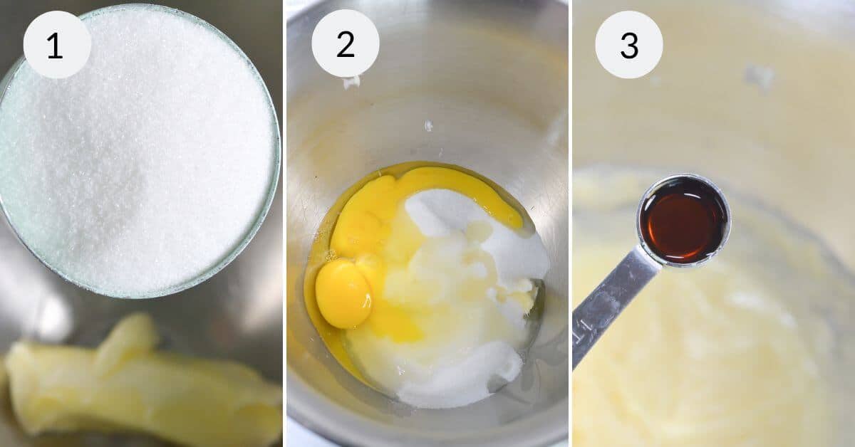 Three-step process: 1) Butter and sugar in a bowl. 2) Eggs and sugar added to the bowl. 3) Vanilla extract being measured into a teaspoon above the mixture, perfect for making cinnamon cupcakes.