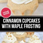 Close-up of homemade cinnamon cupcakes adorned with creamy maple frosting, displayed on a countertop.