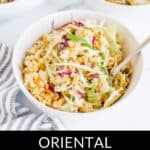 A bowl of ramen noodle coleslaw with shredded vegetables, placed next to a gray and white striped napkin. Two more similar bowls are partially visible in the background. Text reads "Oriental Ramen Noodle Salad Recipe.