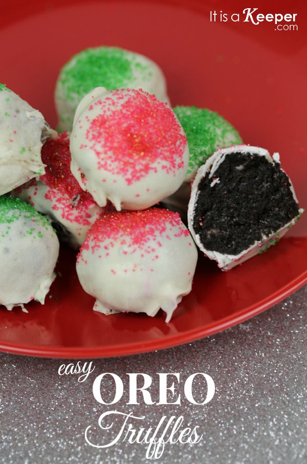 Easy Oreo Balls, with red and green sprinkles. On a red plate. 