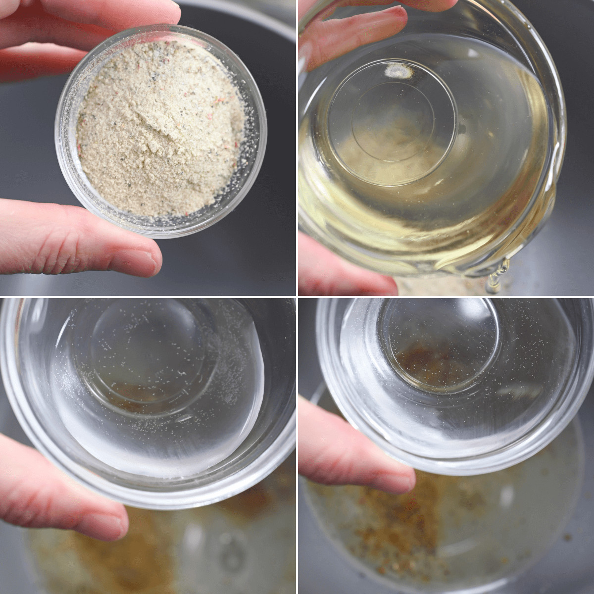 A series of photos showing how to make a mixture for marinate.