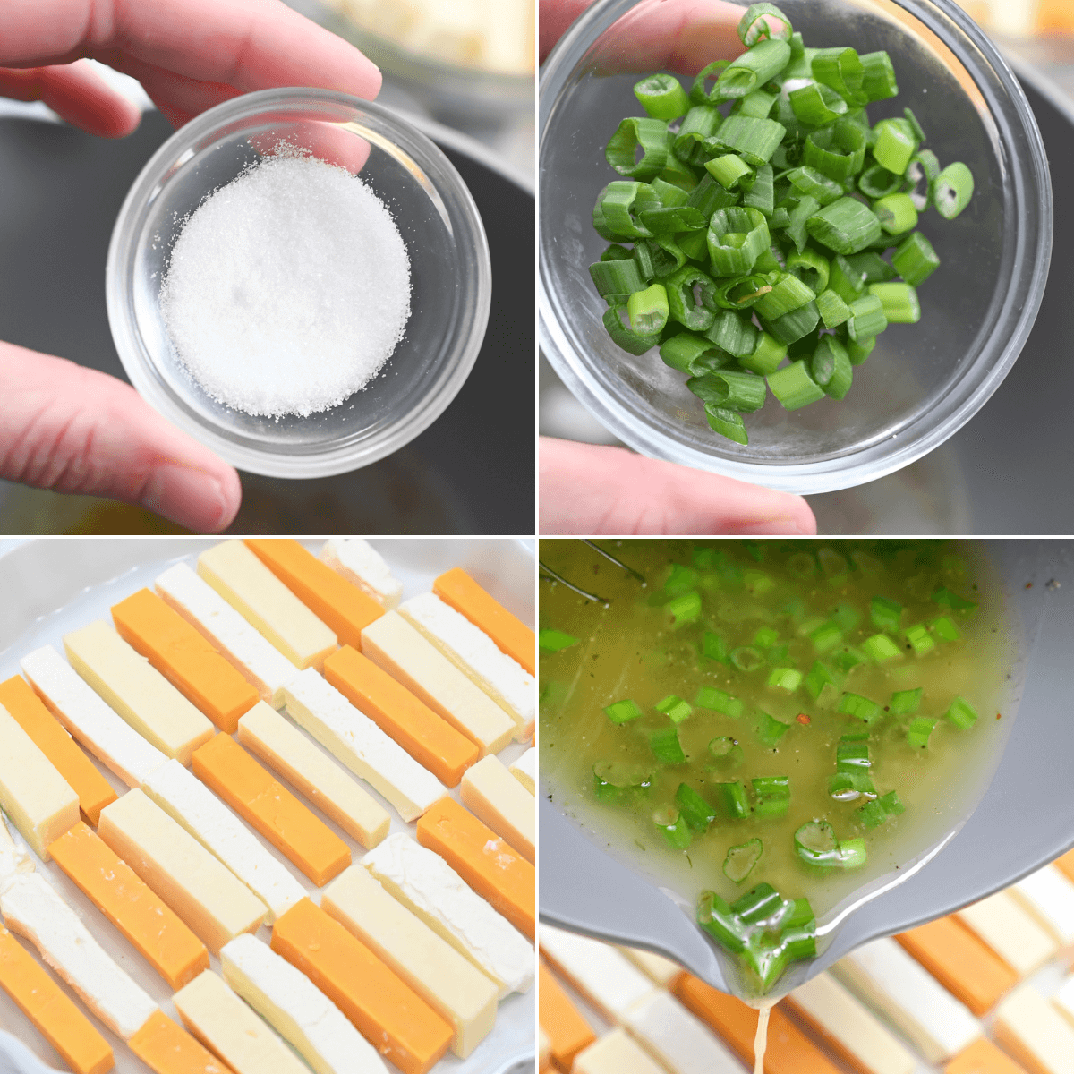 A series of photos illustrating the process of preparing a dish with marinated cheese and green onions.