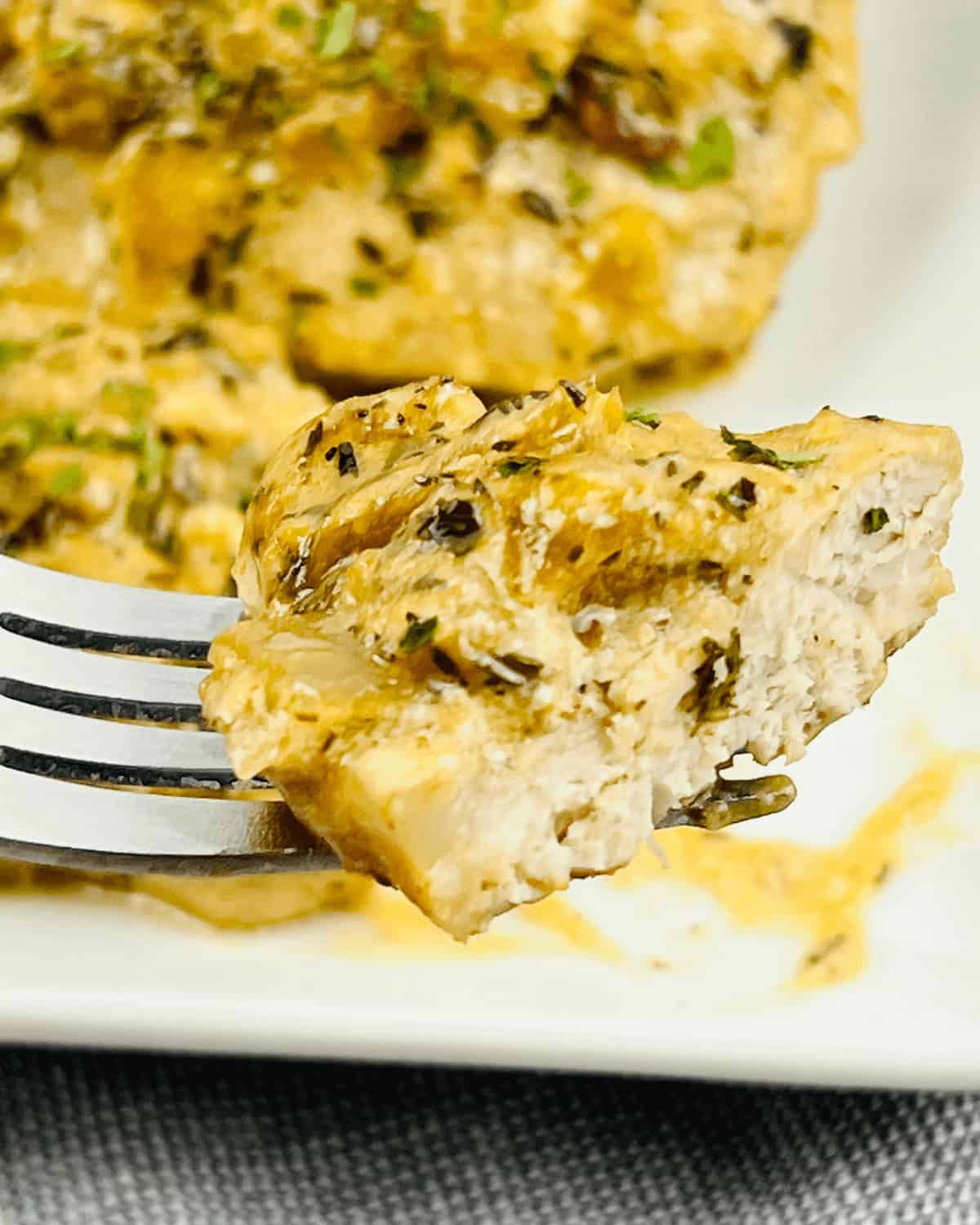 A piece of pork on a fork, seared to perfection.