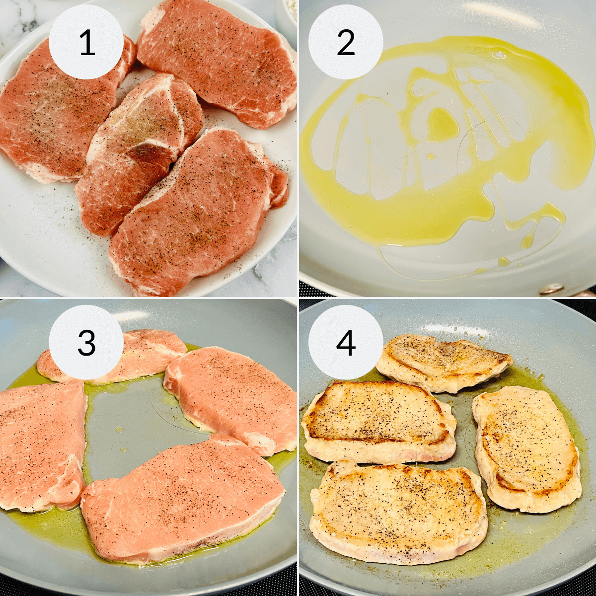 A series of photos showing how to cook pan seared pork chops.