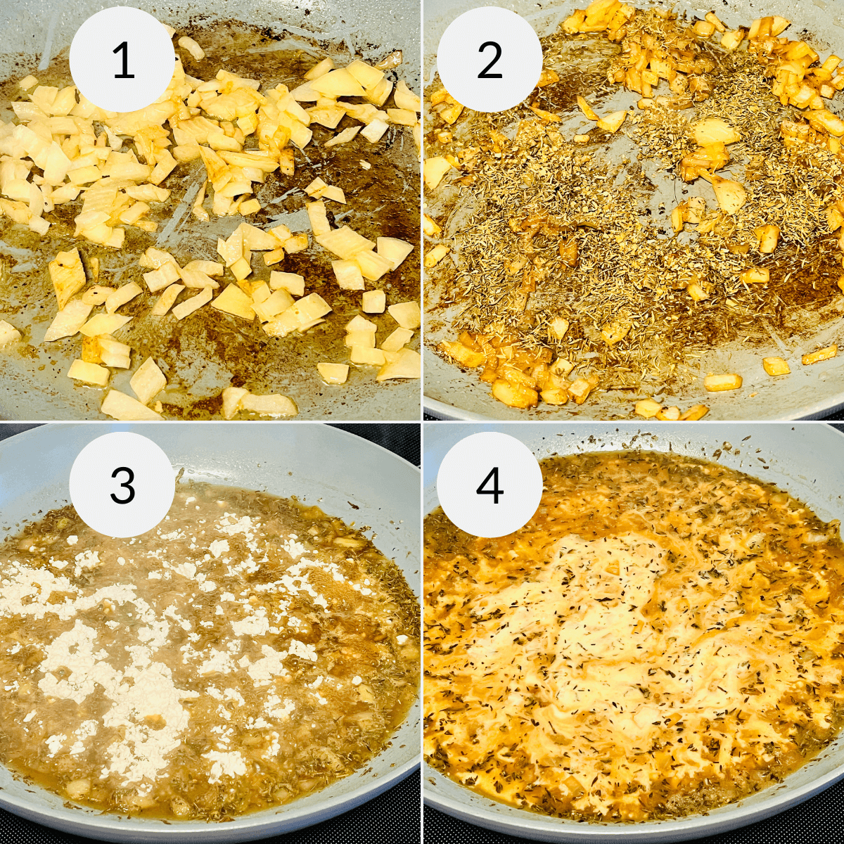 Four pictures showing the process of making a creamy pan seared pork chops.
