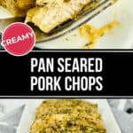 Serving of pan seared pork chops plated elegantly on white dish.