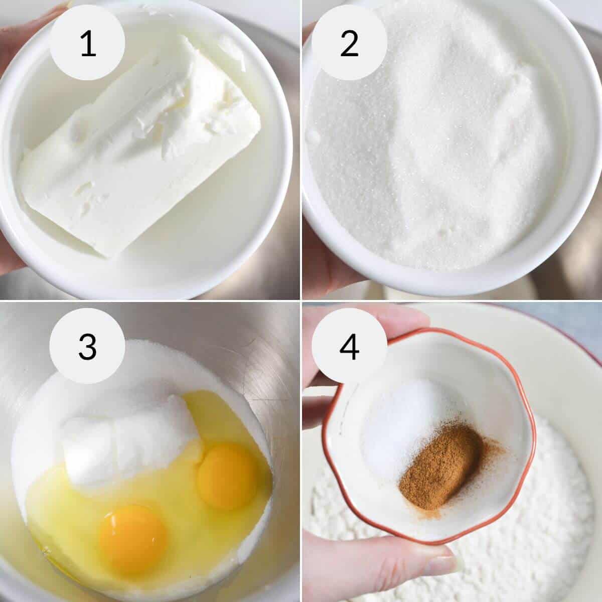 Four numbered images: 1. Cream cheese block in a bowl. 2. Bowl of sugar. 3. Eggs and sugar in a mixing bowl for the Fresh Apple Cake. 4. Bowl with salt and cinnamon in a red-trimmed dish, adding aromatic warmth to your dessert preparation.
