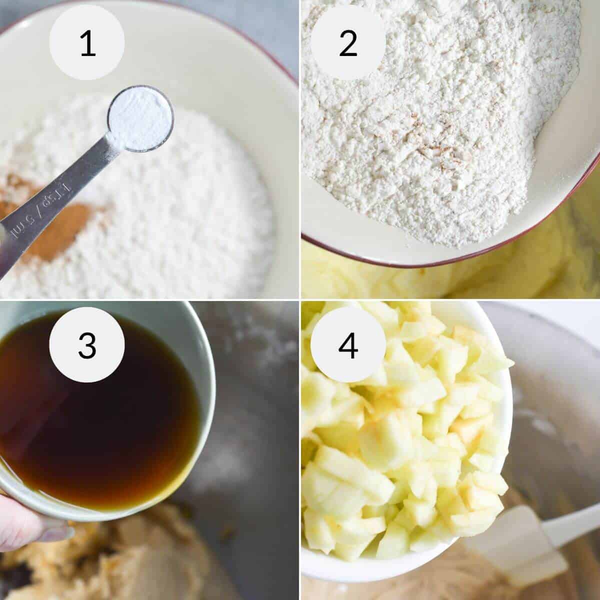 A four-part image of Fresh Apple Cake baking stages: 1) teaspoon of baking powder, 2) bowl of flour, 3) cup of liquid being poured, and 4) chopped apples added to mixture.