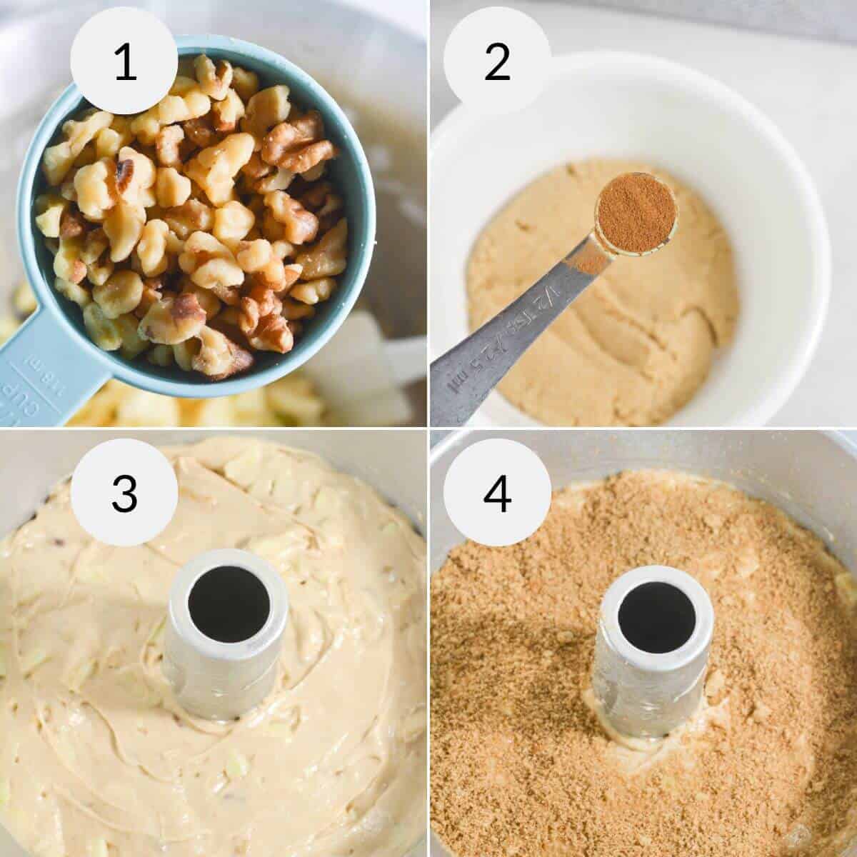 Four-step collage showing: 1. Cup of walnuts. 2. Spoon with cinnamon over dry ingredients for Fresh Apple Cake. 3. Batter in a pan. 4. Crumb topping on batter, perfecting the apple-infused creation.
