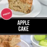 Slice of fresh apple cake with streusel topping on a white plate, next to a bowl of green apples, and a full cake on a glass stand. Text reads "Indulge in Our Irresistible Apple Cake.