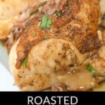 Close-up of Herbed Lemon Chicken, garnished with fresh herbs and served with a light sauce. Text overlay at the bottom reads: "ROASTED HERBED LEMON CHICKEN.
