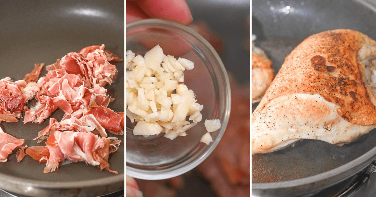 Three-step cooking process: diced prosciutto in a hot pan, a small bowl of minced garlic, and a browned herbed lemon chicken breast cooking in the pan.