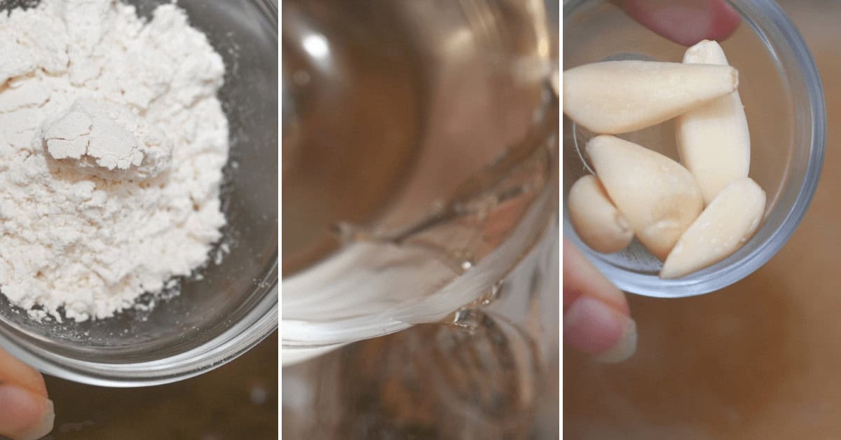 A triptych of images showcasing flour in a bowl, water being poured into a bowl, and peeled garlic cloves in a small dish—ingredients perfect for preparing Herbed Lemon Chicken.