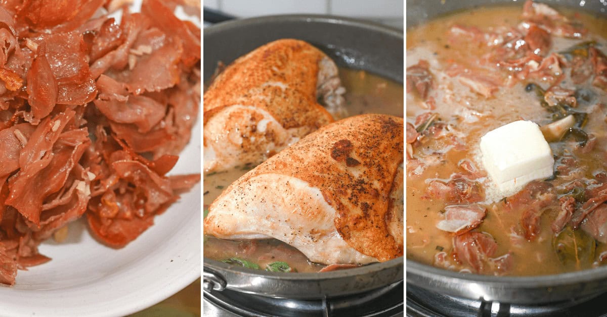 A three-panel image: Left, sliced cured meat on a plate; Center, two herbed lemon chicken breasts in a skillet; Right, the same skillet with a slice of butter and sauce over the chicken.