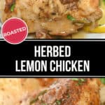 Close-up of herbed lemon chicken garnished with fresh herbs, featuring a crispy skin with visible seasoning.