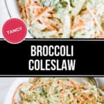 An image showing broccoli coleslaw with shredded carrots and onions, labeled as "Tangy." The vibrant dish is presented in two views: one close-up to capture its rich texture and colors, and a top-down shot showcasing the perfect blend of ingredients.
