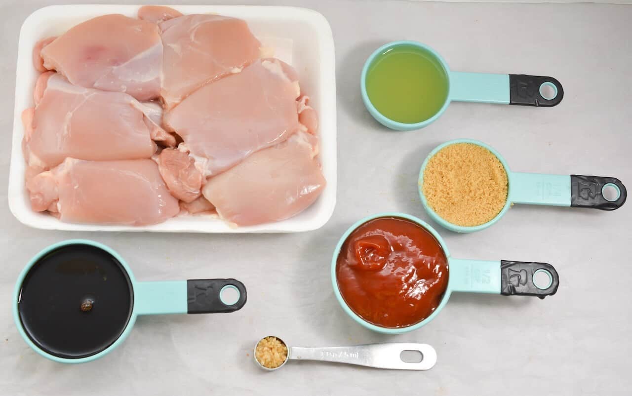 The chicken and sauce ingredients to make the dinner.