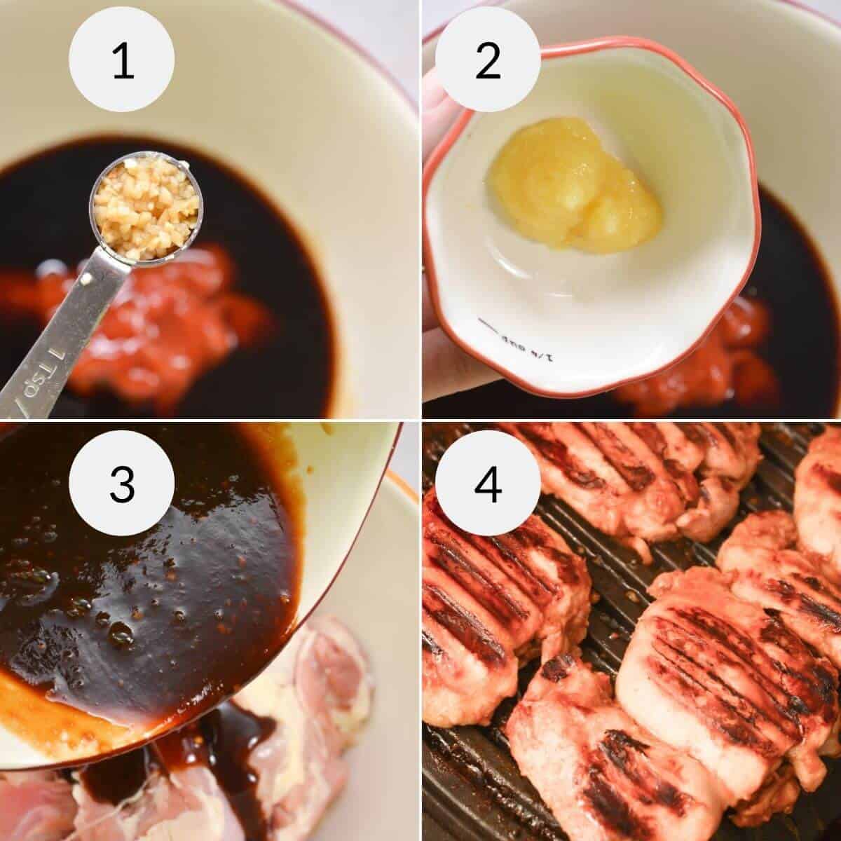 Cooking the chicken on the grill and finishing with the asian sauce.
