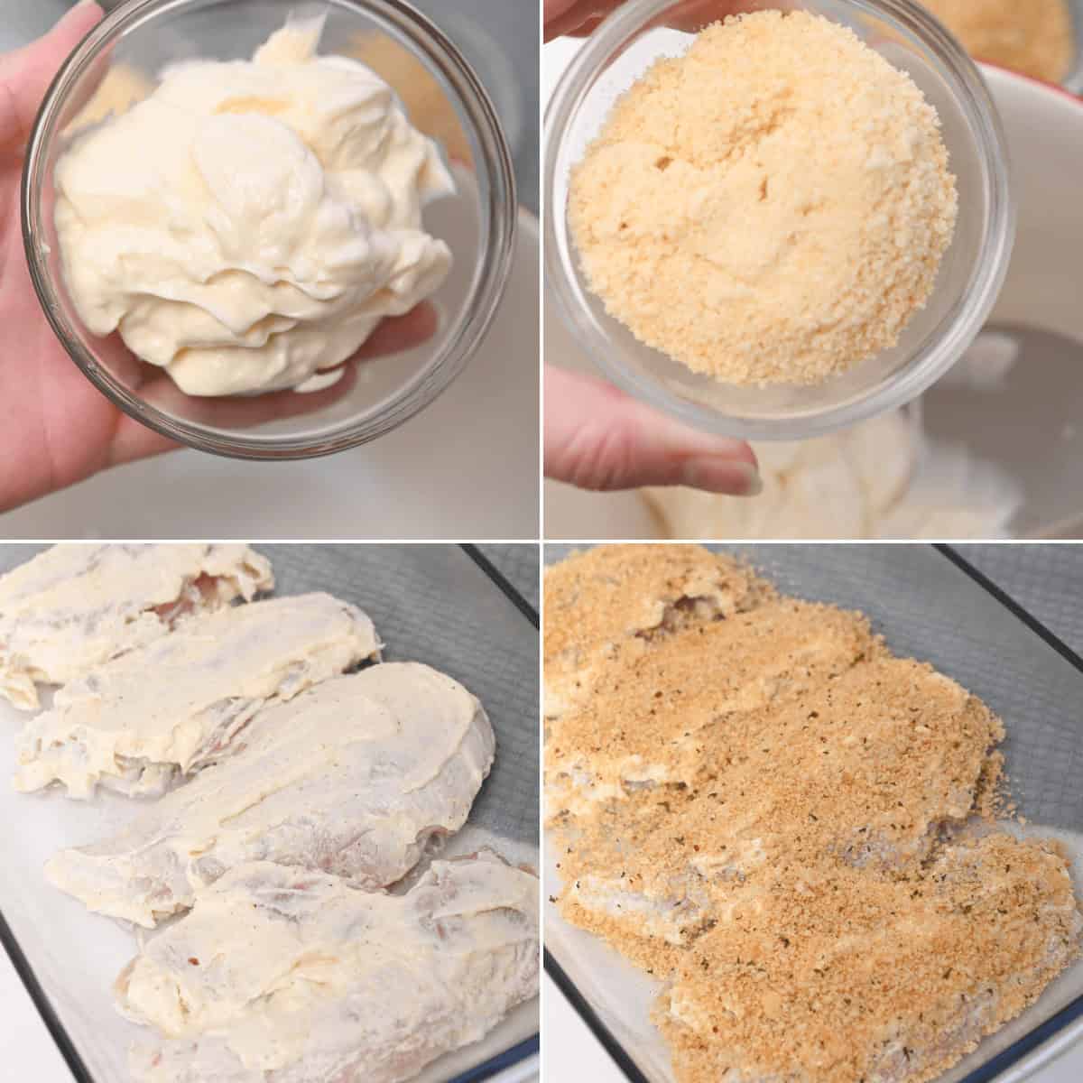 A series of photos showing how to make Parmesan herb crusted chicken.