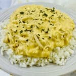 A plate of slow cooker Italian dressing chicken on a table.