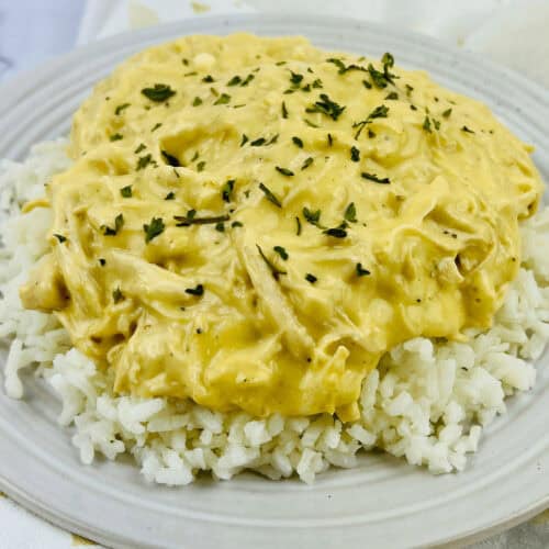 A plate of slow cooker Italian dressing chicken on a table.