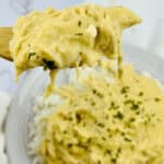 A spoonful of slow cooker Italian dressing chicken in gravy on a white plate.