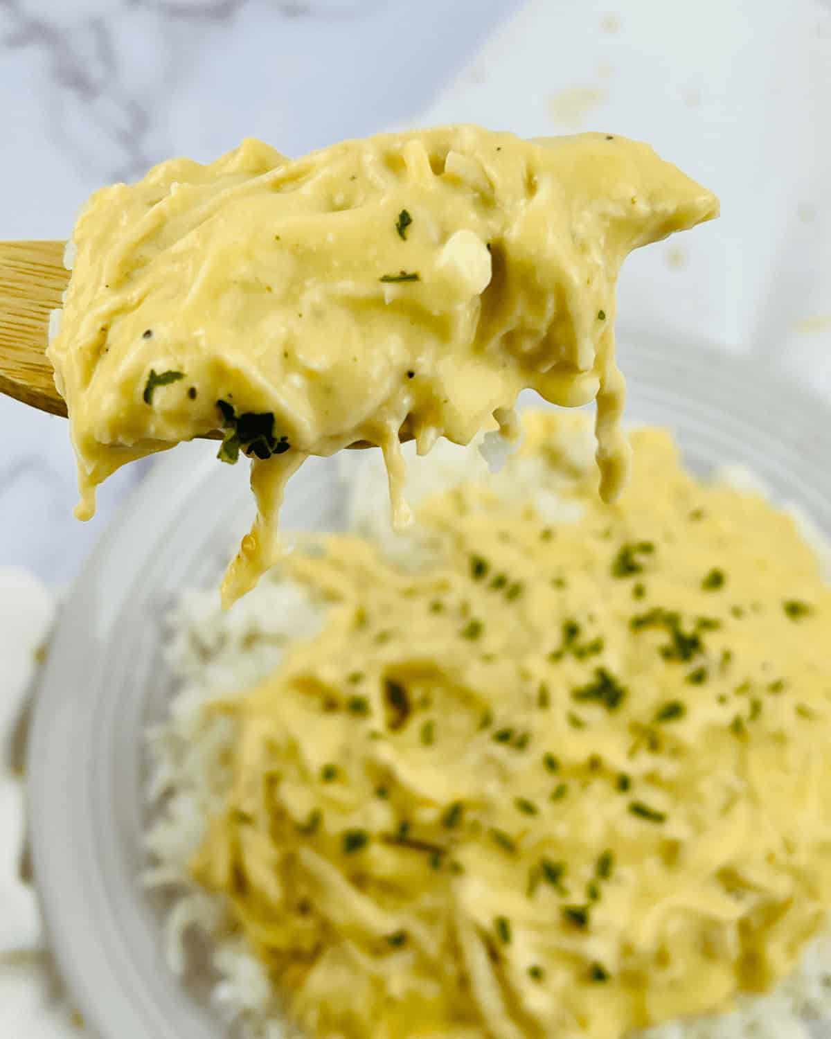 A spoonful of slow cooker Italian dressing chicken in gravy on a white plate.