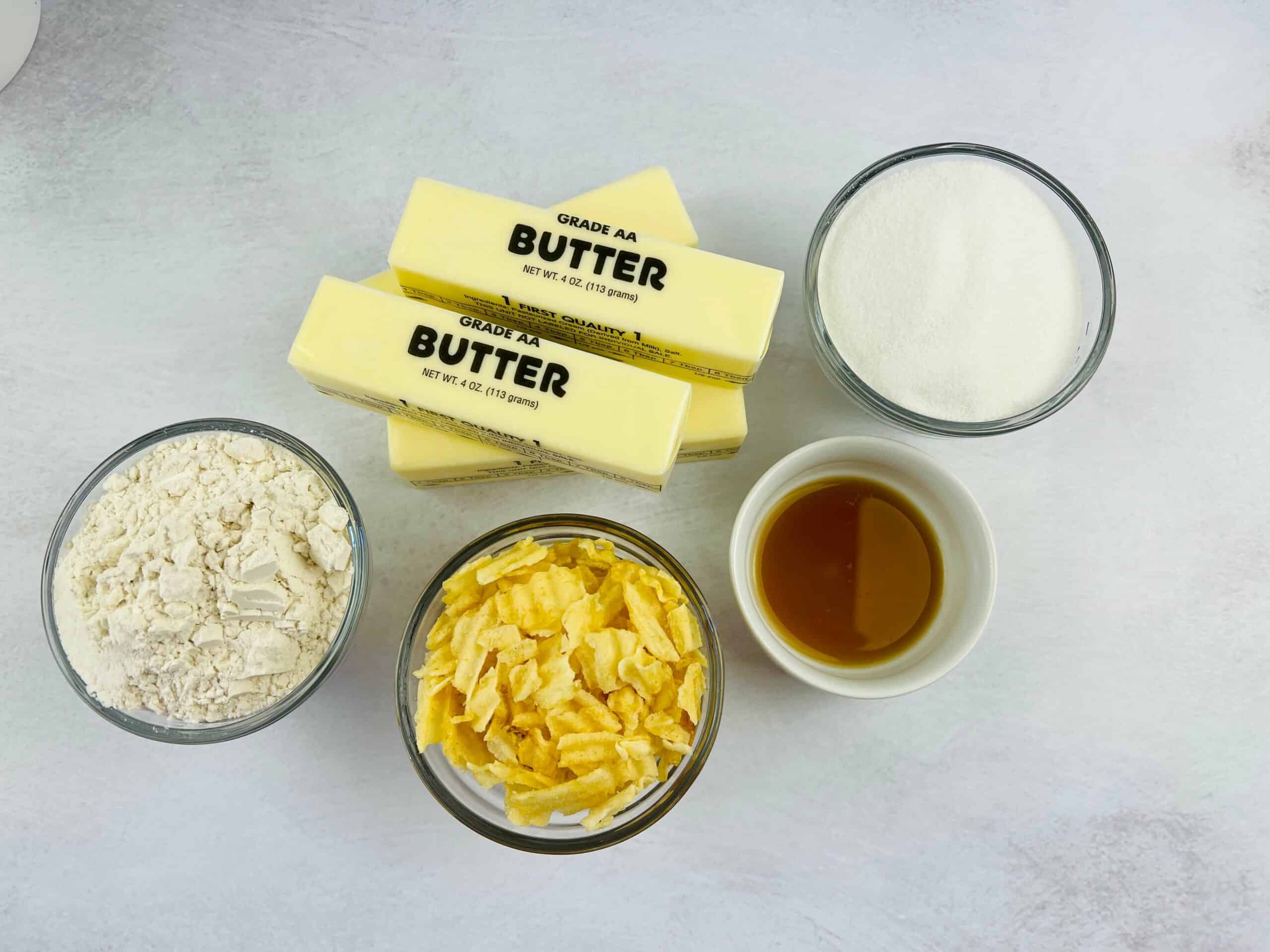 Butter, flower, vanilla and chips.
