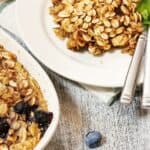 a dish and serving of the blueberry baked oatmeal.