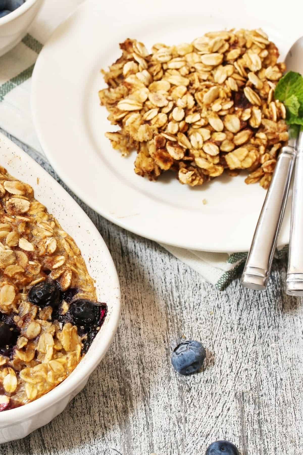 a dish and serving of the blueberry baked oatmeal.