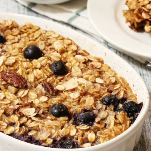 A dish of the baked blueberry oatmeal.